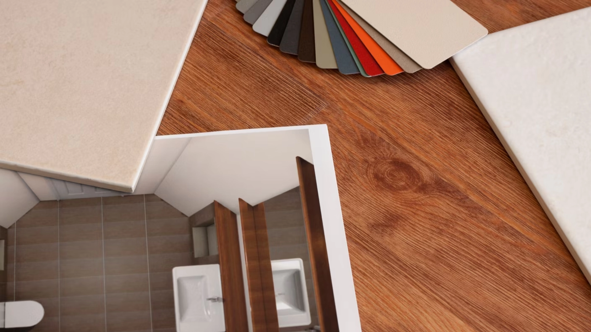 Bathroom design plan with tile samples and color swatches on wood. -san jose bathroom remodeling