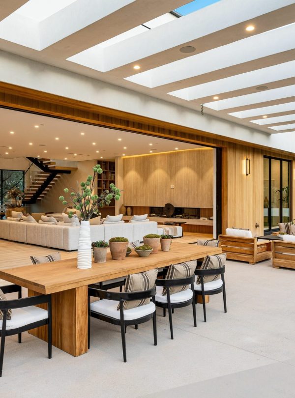 Modern luxury outdoor living space with wooden furniture. Modern luxury outdoor living space with wooden furniture.