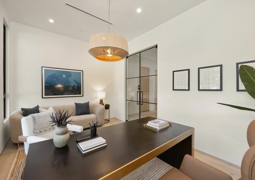 Modern home office interior with sleek decor.